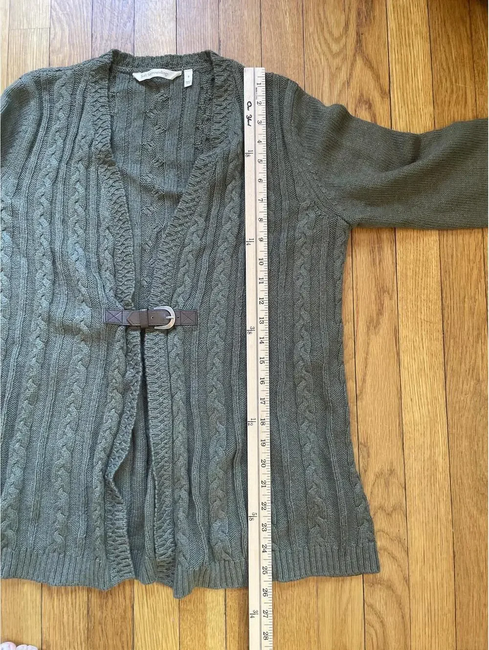 Soft Surroundings Olive Green Belted Cable Knit Cardigan Sweater Small Woodland